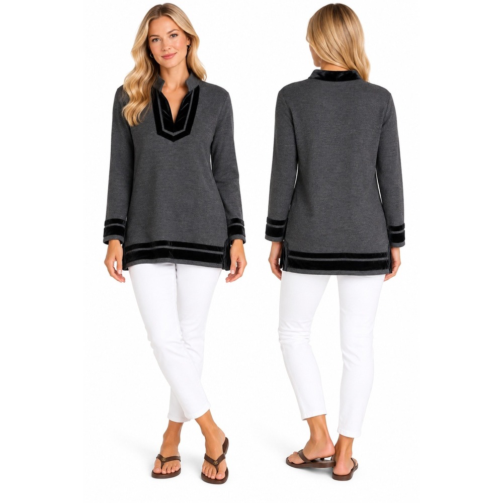Soft Surroundings Tunic L Wool Blend Velvet Trim V-Neck Sweater Dark Academia